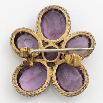 Garniture, necklace and bracelet silver with amethysts, brooch gold-coloured metal with purple paste stones,