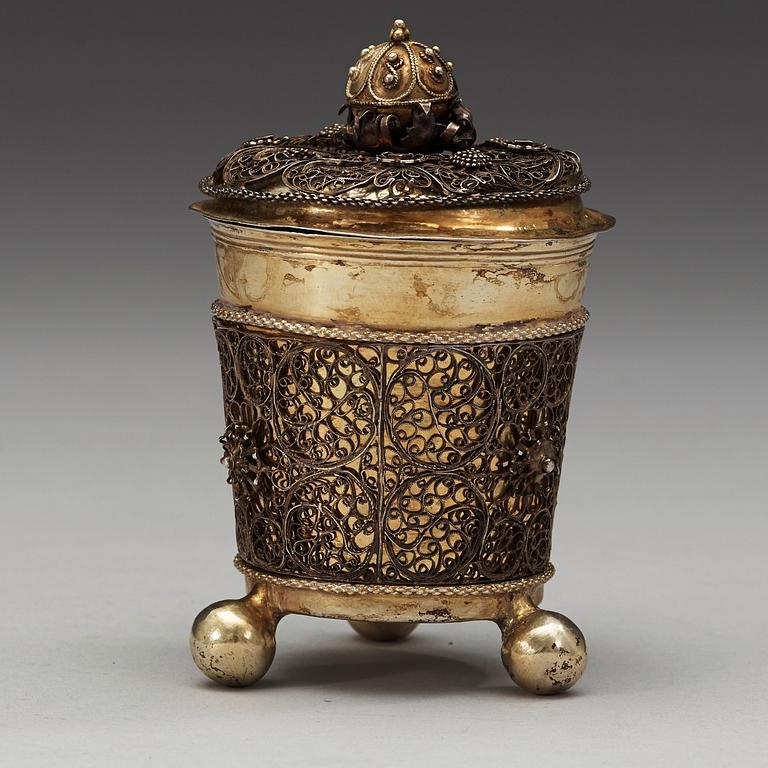 A Swedish late 17th century parcel-gilt and filigree beaker and cover, marks of Johan Friedrich Straub, Karlstad.