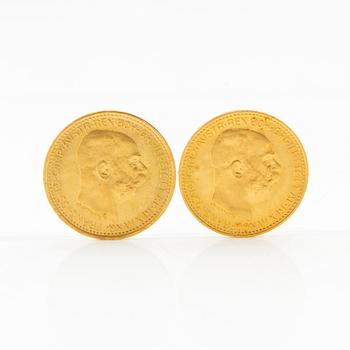 Gold coins, 2 pcs, 10 francs, 1912, Austria, Emperor Franz Joseph I.