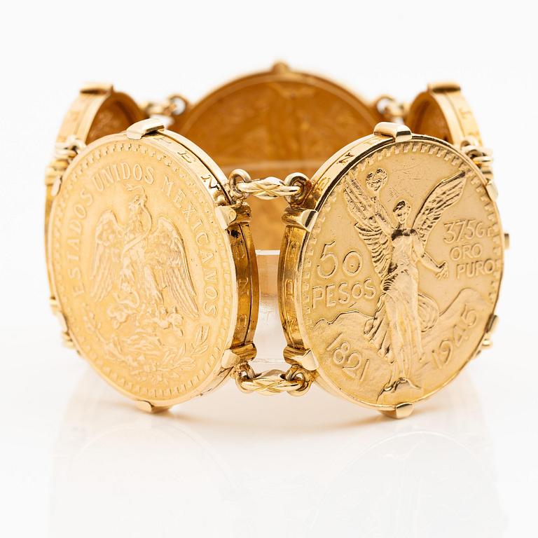 A bracelet gold set with mexican gold coins.