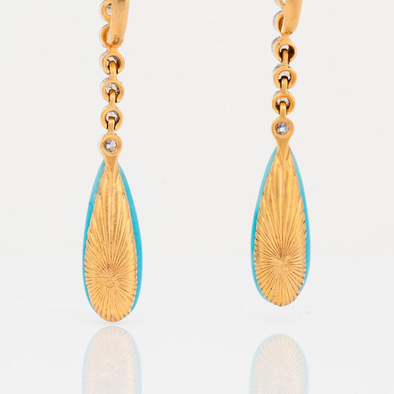 A pair of rose-cut diamond and turquoise earrings.