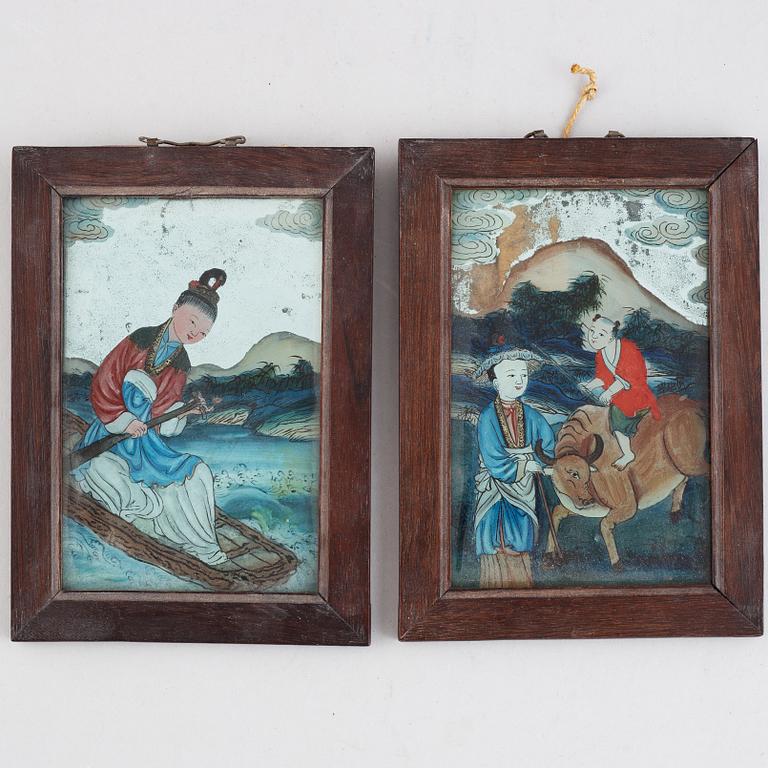 Five Chinese reverse glass paintings, 20th century.