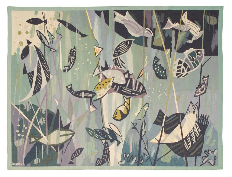 VÄVD TAPET. "Poissons verts" ("Gröna fiskar"). Gobelängteknik. 106 x 139 cm. Signerad GYNNING PF.