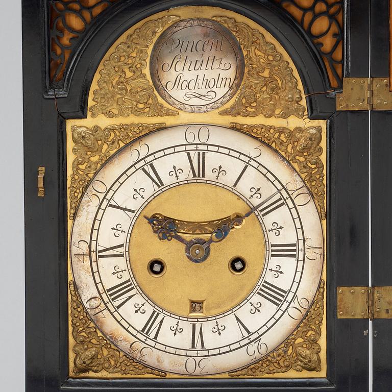 A Swedish late Baroque striking bracket clock with verge escapement by V. Schultz (clockmaker in Stockholm 1728-64).