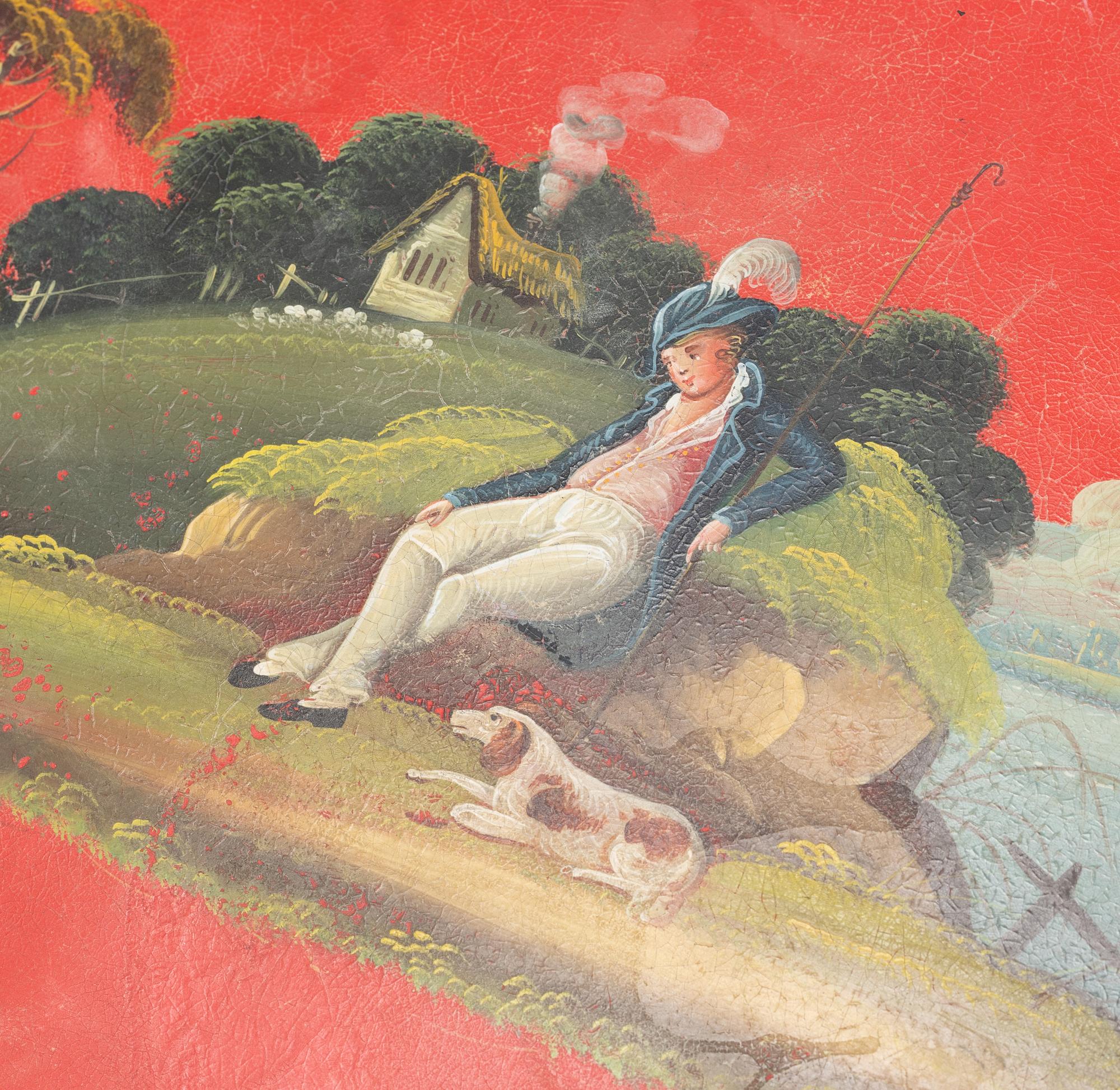 A painted 19th Century tin tray with later stand.