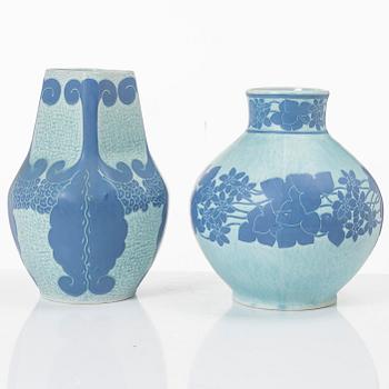 Josef Ekberg, vases, 2 pcs, flint porcelain, "Sgraffito", Gustavsberg 1914 and 1920.