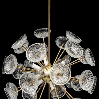 A 1960s brass and glass ceiling light. Total height ca 86 cm.