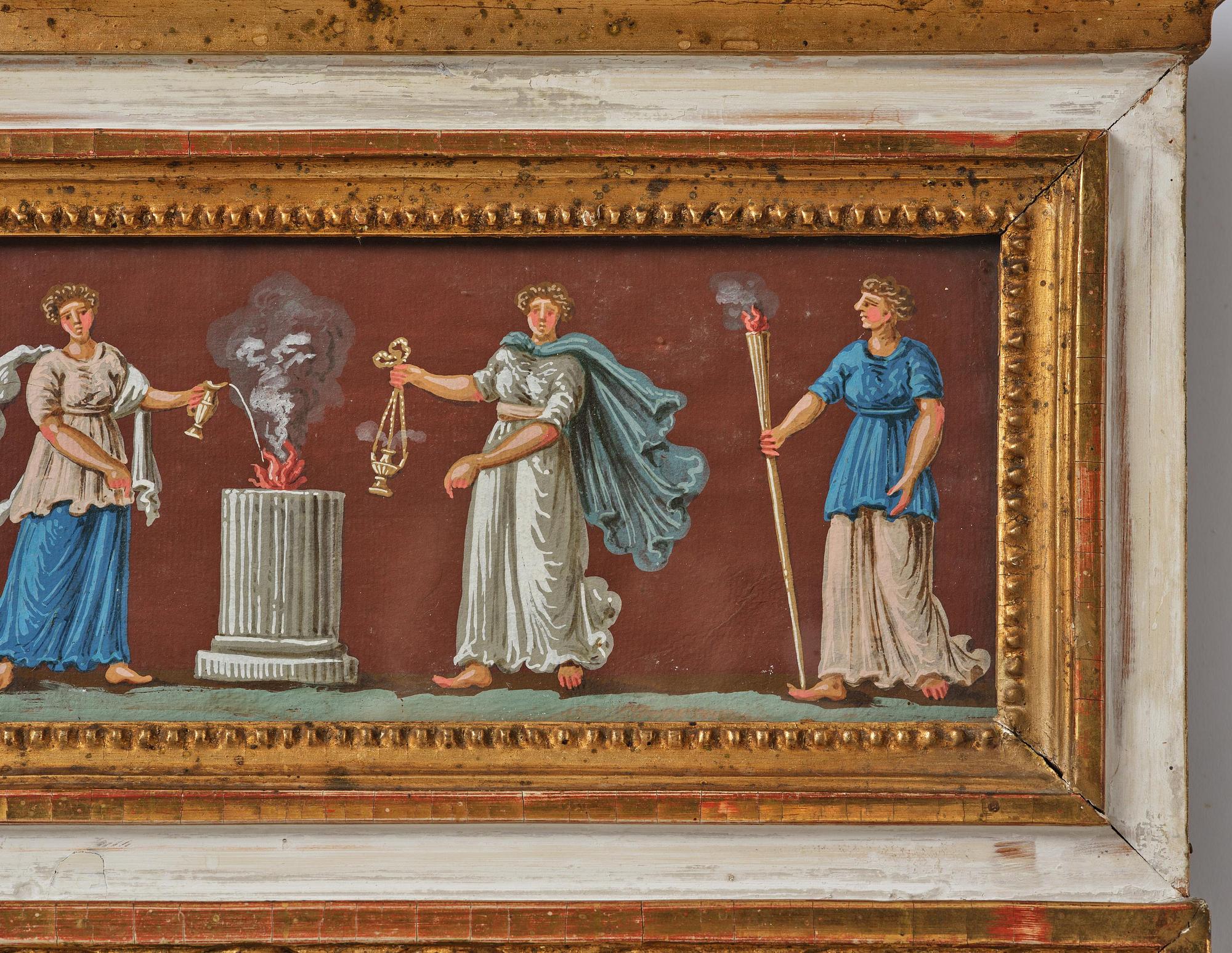 A pair of late Gustavian giltwood and gouache-inset mirrors, Stockholm, late 18th century.