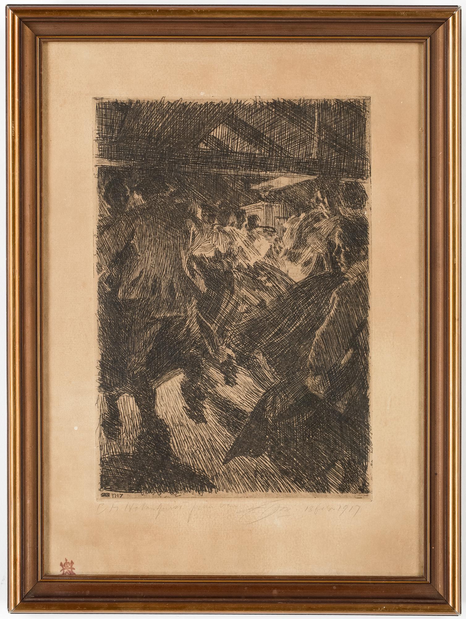 ANDERS ZORN, etsning, signerad i blyerts samt daterad 1917, samt påskrift "CM Holmquist från vän Zorn, 18 feb 19117".