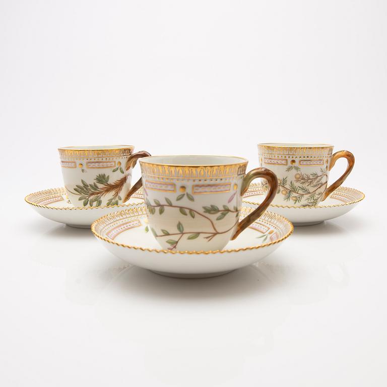 Royal Copenhagen, Coffee cups with saucers, three pieces, porcelain, 'Flora Danica', Royal Copenhagen, Denmark, 20th century.
