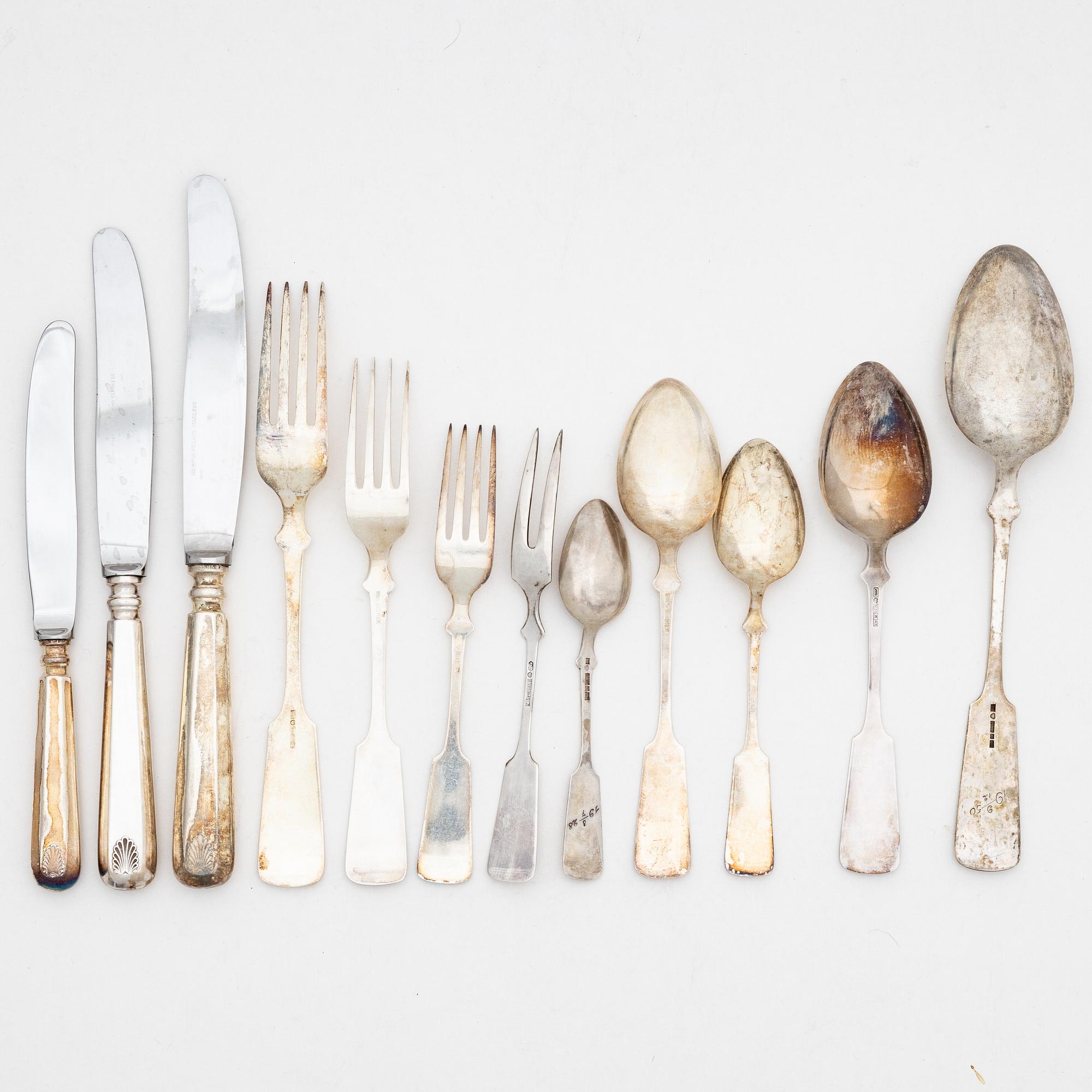 Cutlery set, 73 pieces, silver, "Musslan", Finland, first half of the 20th century.