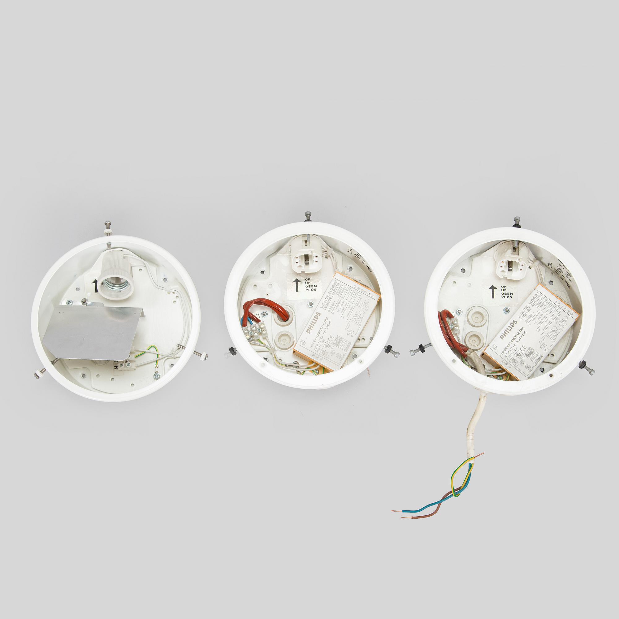 Arne Jacobsen, set of three ceiling lamps/wall lamps, "AJ-Eklipta", Louis Poulsen, Denmark.