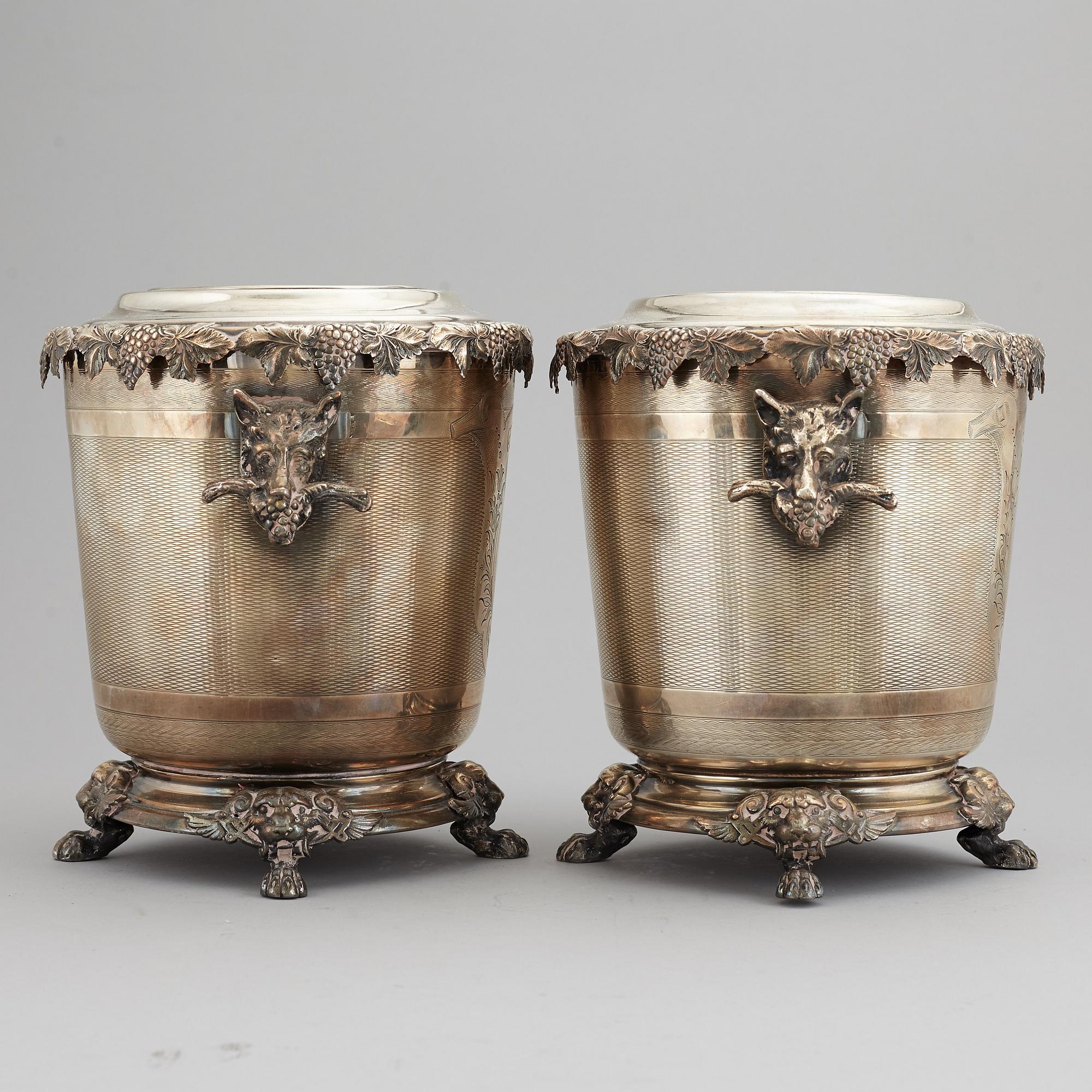 A pair of silver plate wine coolers, 20th Century.