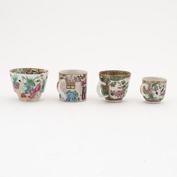 A group of four cups, two saucers and a bowl with cover, Canton, 19th century.