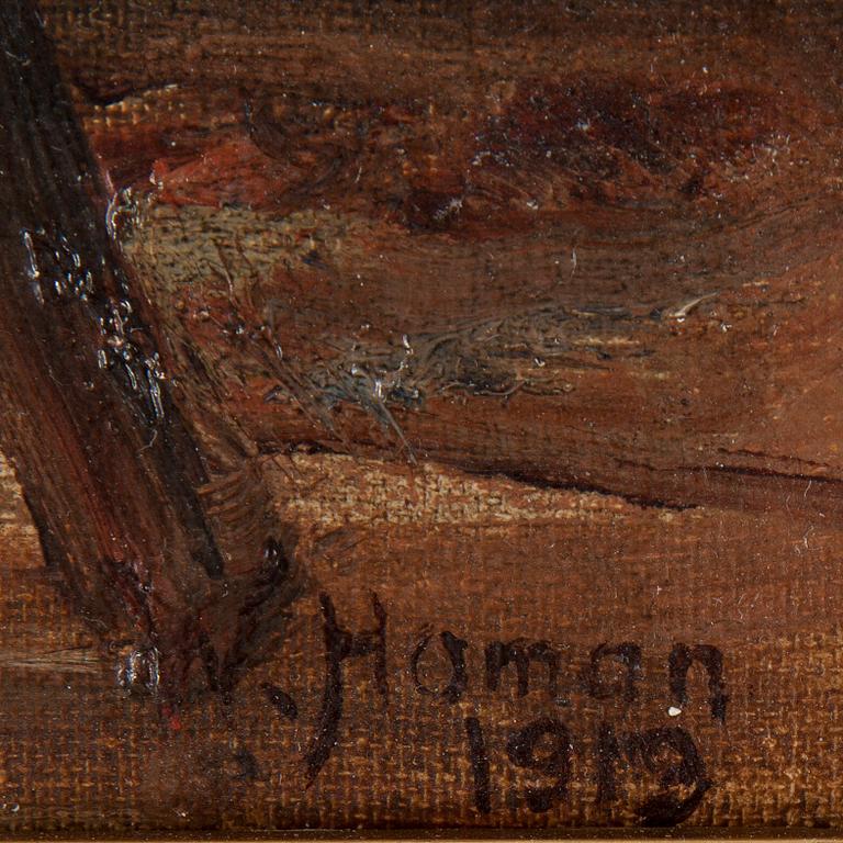 OKÄND KONSTNÄR, olja på duk, signerad W Homan, 1919.