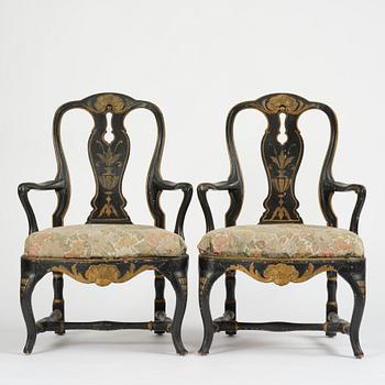 A pair of japanned Swedish rococo armchairs, Stockholm, later part 18th century.
