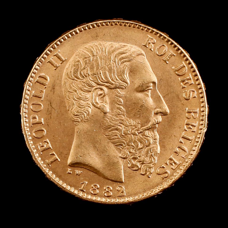 GULDMYNT, 20 franc, Leopold II, Belgien, 1882. Vikt ca 6 gram.