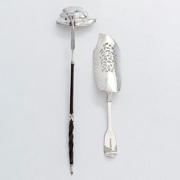 A sterling silver punch ladle by Solomon Hougham, London 1805, and fish slice, Samuel Hayne & Dudley Cater, London 1846.