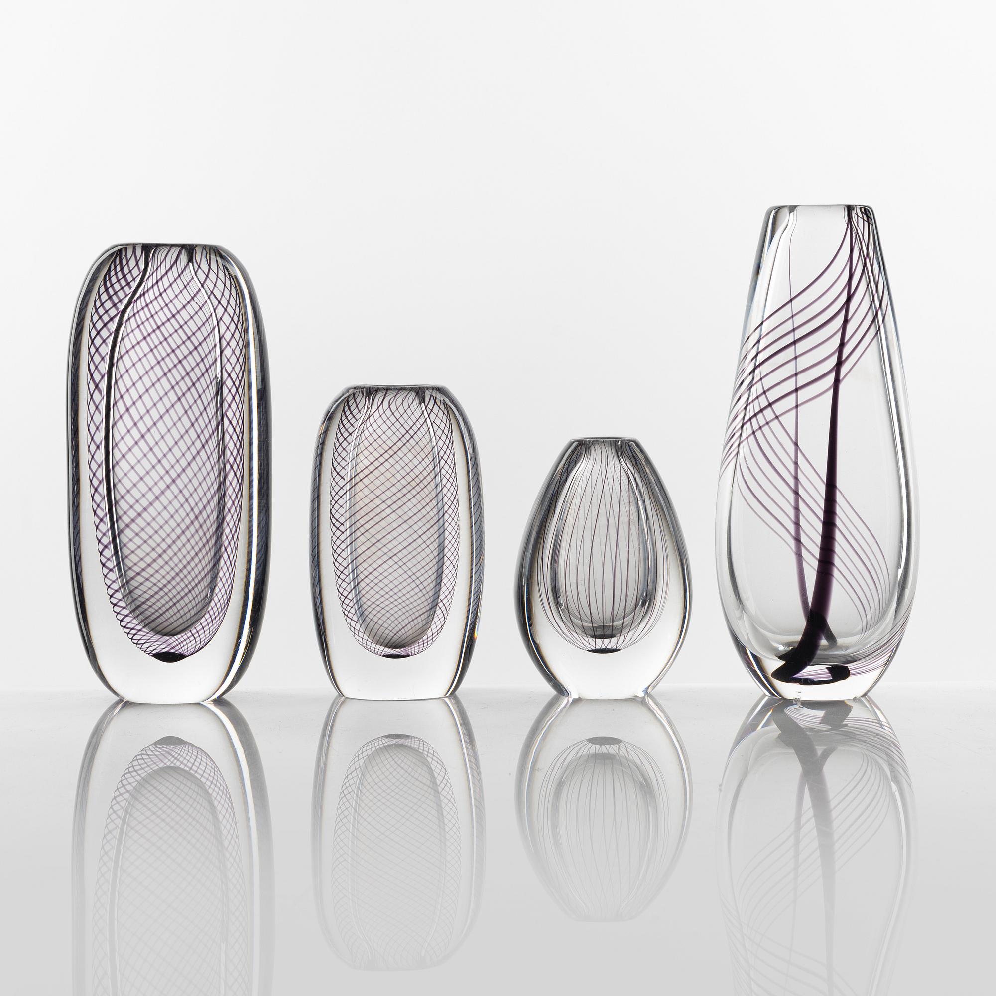 Vicke Lindstrand, four glass vases, Kosta.