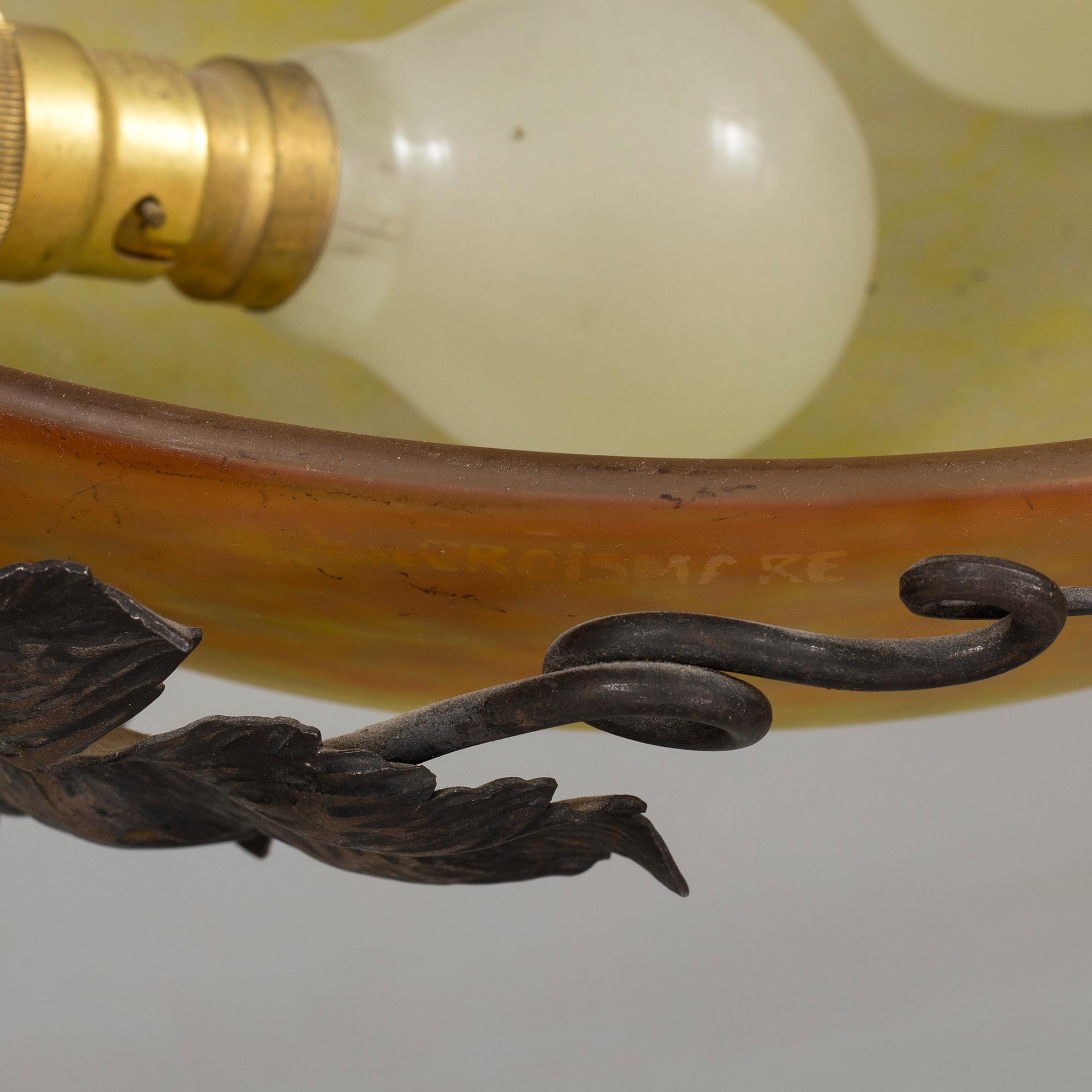 A Muller Croismare glass and metal ceiling lamp, Nancy, first half of 20th Century.