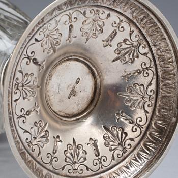 A Russian 20th century silver and glass amphora, marks of Ivan Chlebnikov, Moscow 1908-1917.