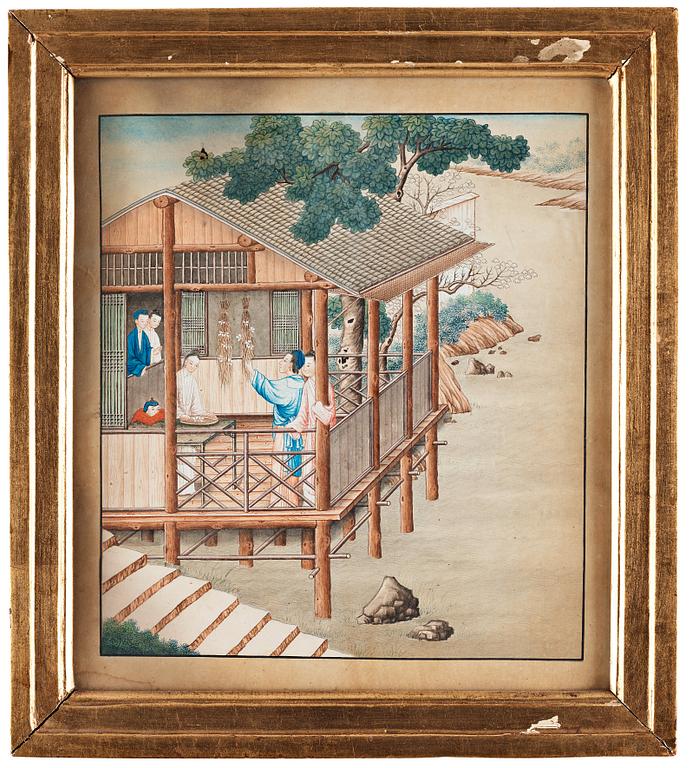 AKVARELLER, nio stycken. Okänd konstnär, Qingdynastin, 1800-tal.
