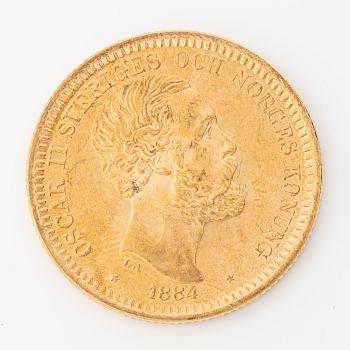 Gold coin, Oscar II, 20 kronor, type III, Sweden 1884.