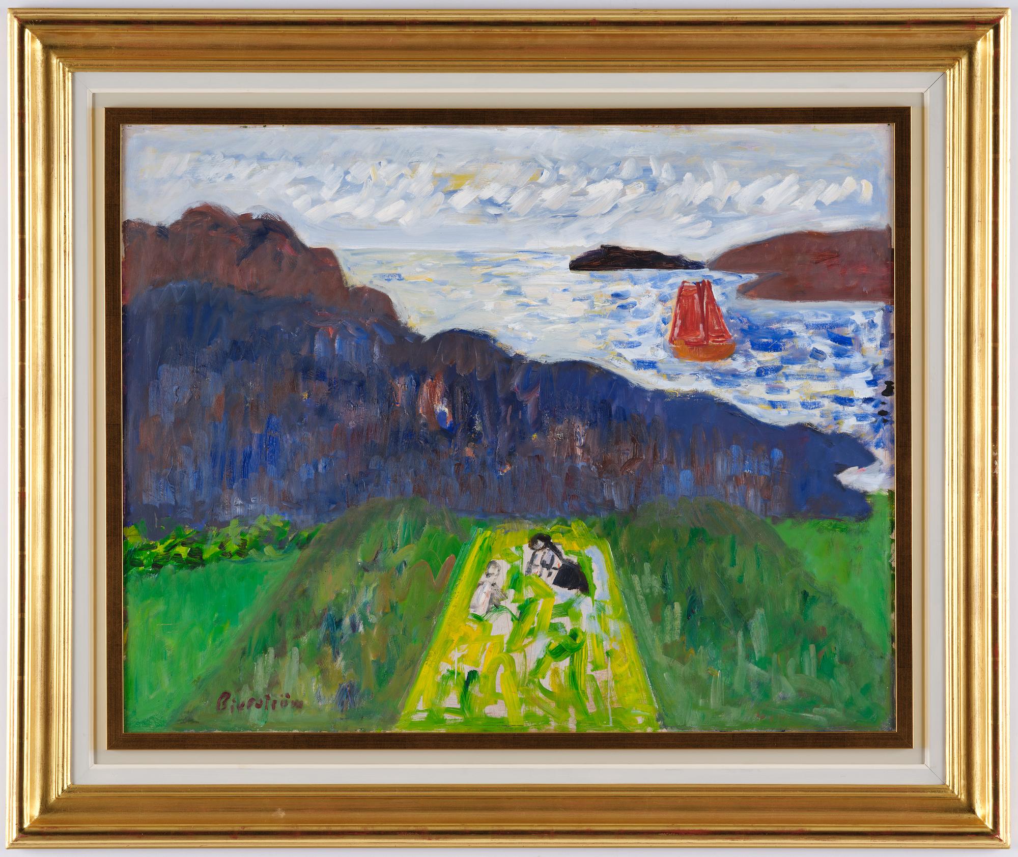 Tor Bjurström, En röd segelbåt når kusten.