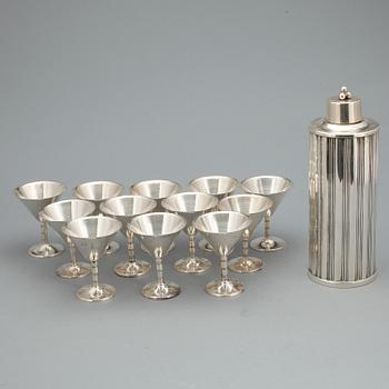 SHAKER samt GLAS, 13 delar, nysilver, Tesi, 1900-talets andra kvartal.