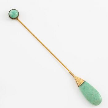Hat pin 18K gold and yellow metal and quartz.