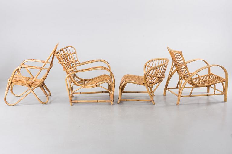 BORD samt 4 olika fåtöljer, troligen Viggo Boesen, en fåtölj okänd formgivare.