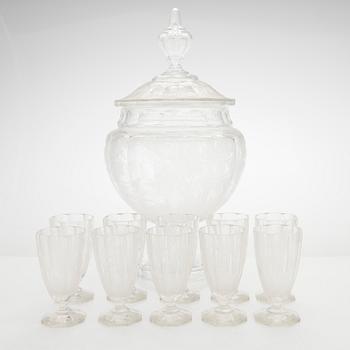 Bålskål med lock och tio glas, 1910-30-tal.