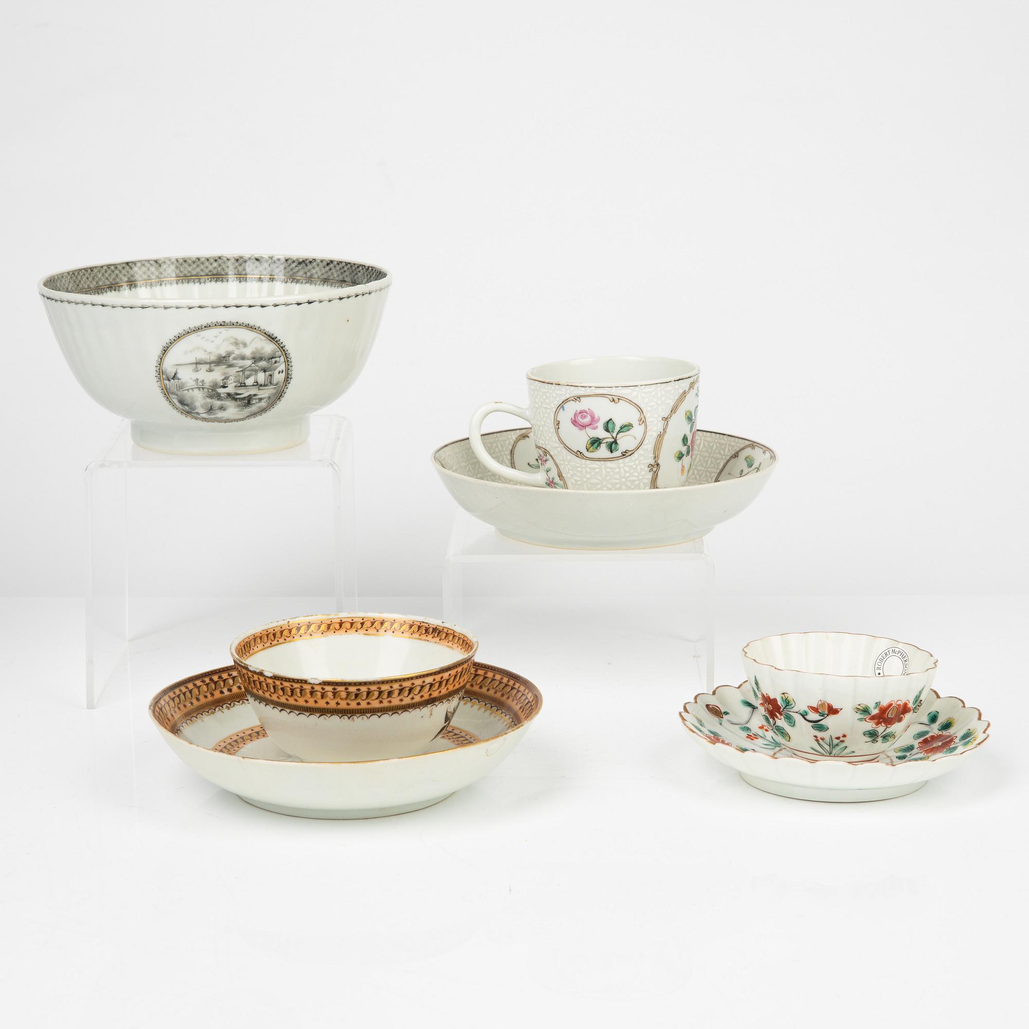 A group of four 18th Century cups, Japan, China and Europe.