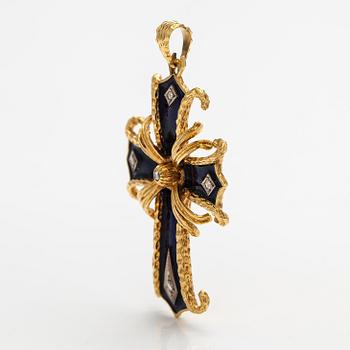 An 18K gold cross pendant with enamel and rose-cut diamonds.