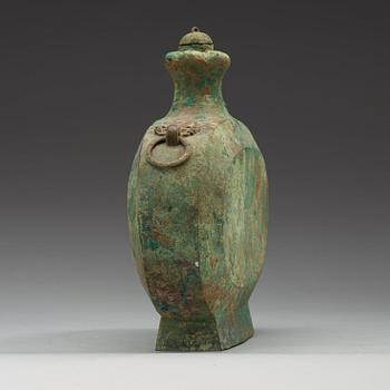 A Bronze wine flask with cover (Bianhu), presumably Han dynasty (206 BC-220 AD).