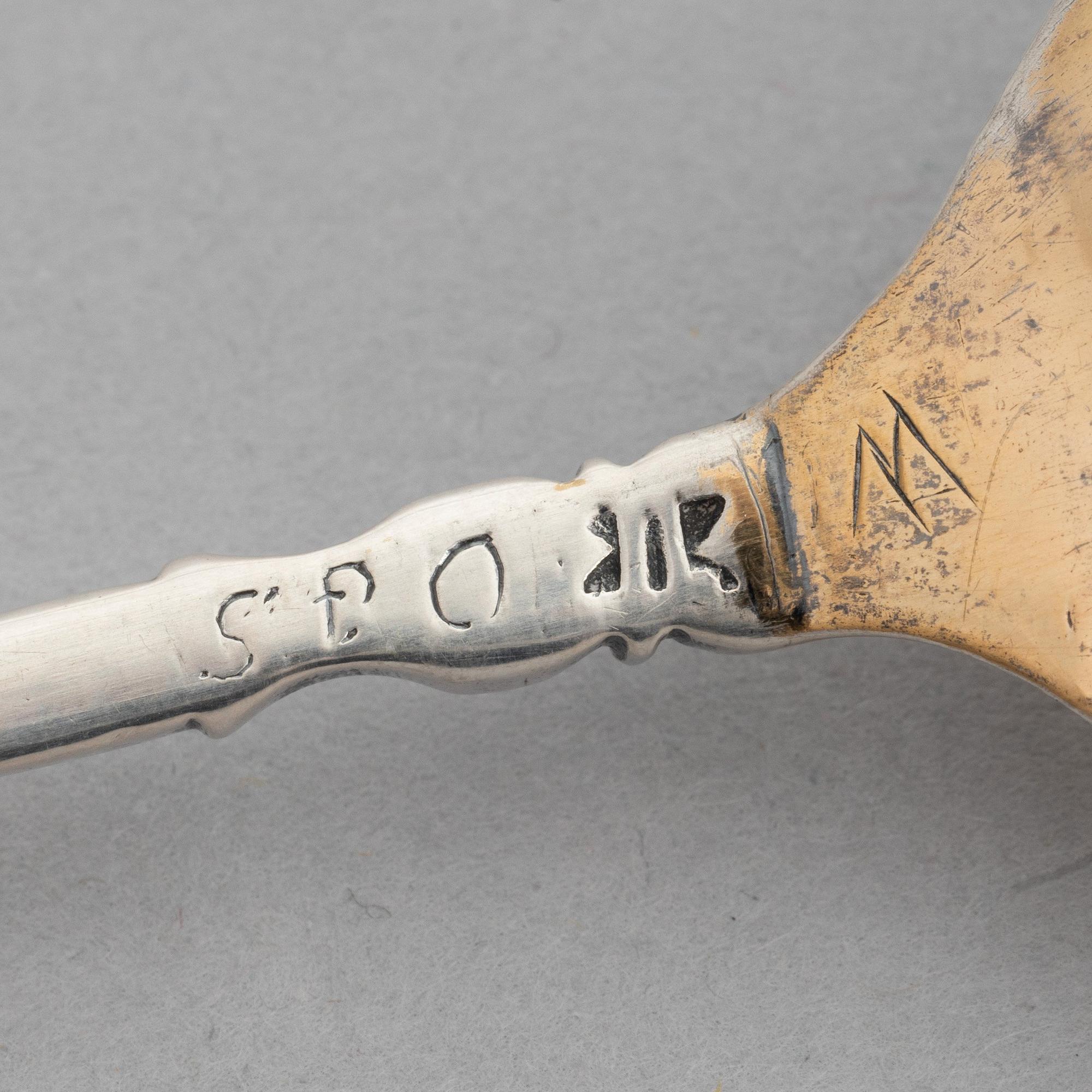 A Northern Europe early 18th Century parcel-gilt silver  spoon, unidentified marks.