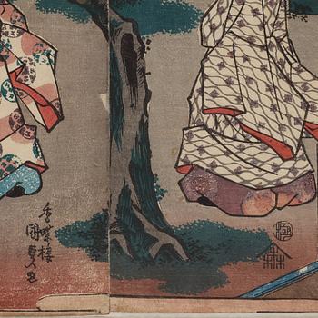 UTAGAWA KUNISADA, även kallad Toyokuni III (1786-1864), triptyk, färgträsnitt. Japan, "The Tale of Genji".