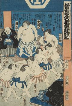 Utagawa School, a woodblock print triptych, later part of the 19th Century.