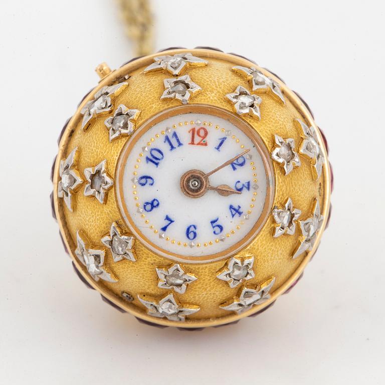 Pendant/watch gold with rose-cut diamonds, rubies, with chain, fitted box.