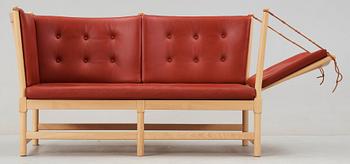 A Børge Mogensen beech and red brown leather sofa, Fritz Hansen 1996, model 1758.