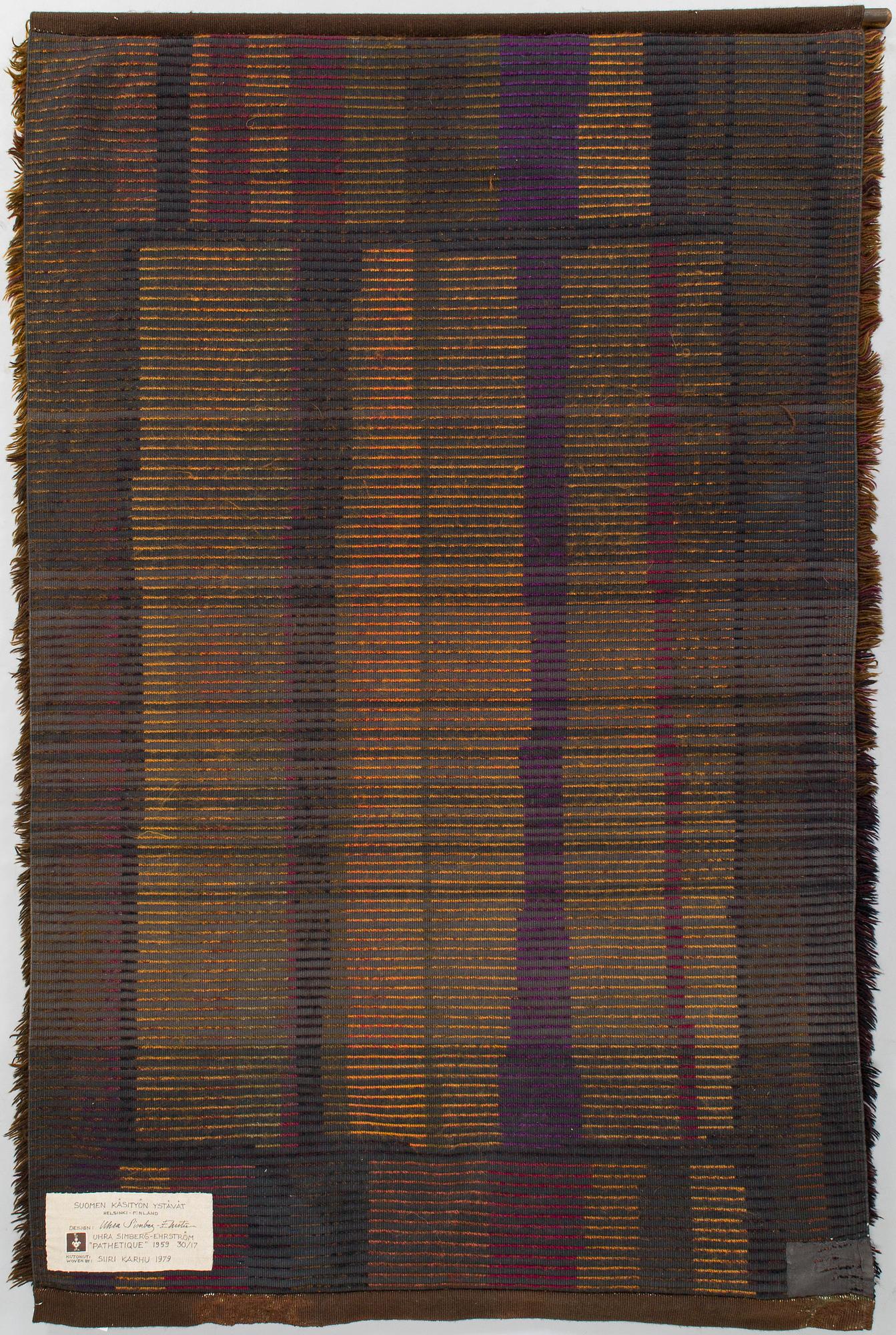 Uhra-Beata Simberg-Ehrström, signerad rya / ryamatta. Finska Handarbetes Vänner. Ca 173 x 115 cm.