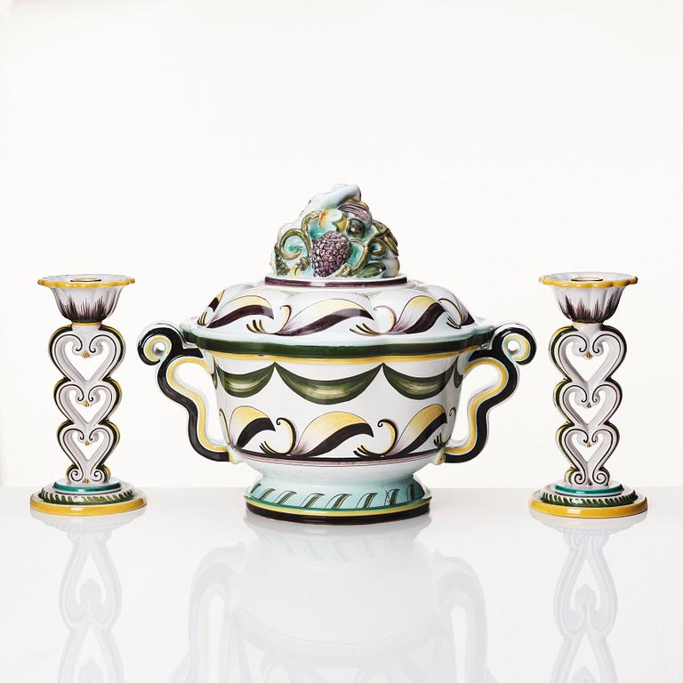 Arthur Percy, a Swedish Grace  lidded faience bowl and a pair of candlesticks,  Gefle Porslinsfabrik 1920s-1930s.