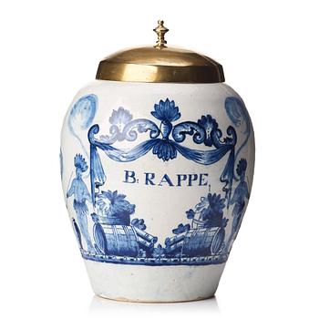 244. A Dutch faiance tobacco jar, circa 1800.