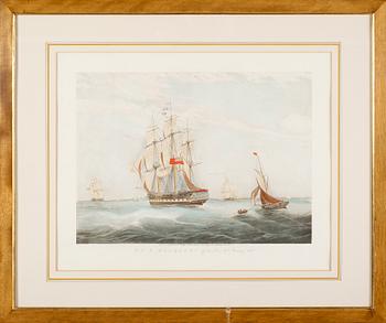 LITOGRAFISKA TRYCK, 2 st, bl a efter W J Huggins, 1800-/1900-tal.