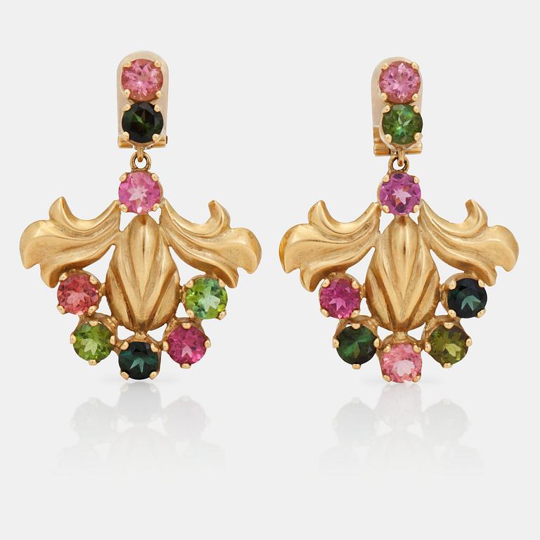A pair of green and pink tourmaline earrings.