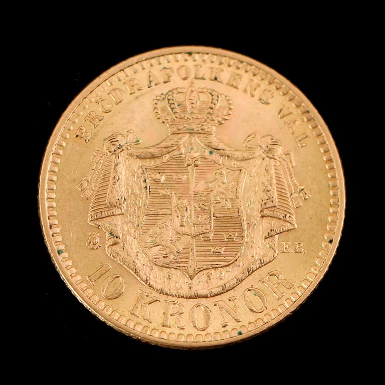 GULDMYNT, 10 kronor, Oscar II, 1901.  Vikt ca 5 gram.