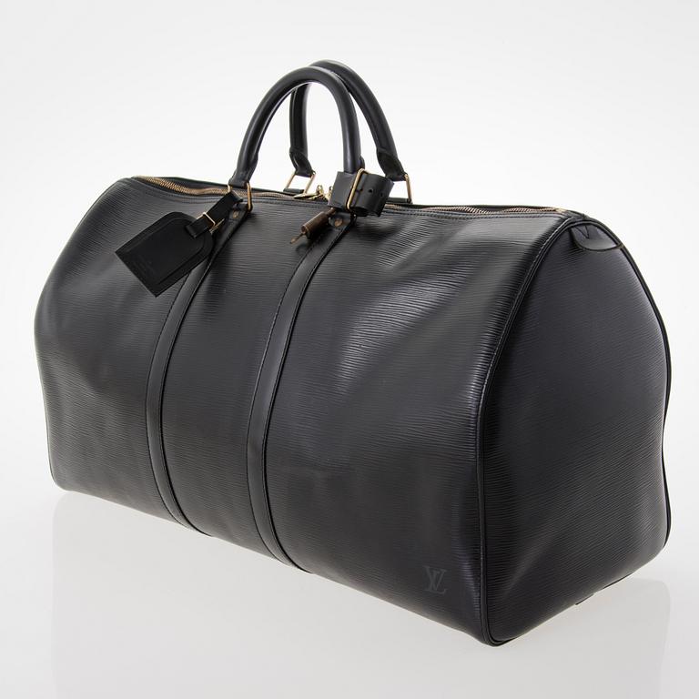 LOUIS VUITTON, BLACK EPI LEATHER KEEPALL 55 TRAVEL BAG.