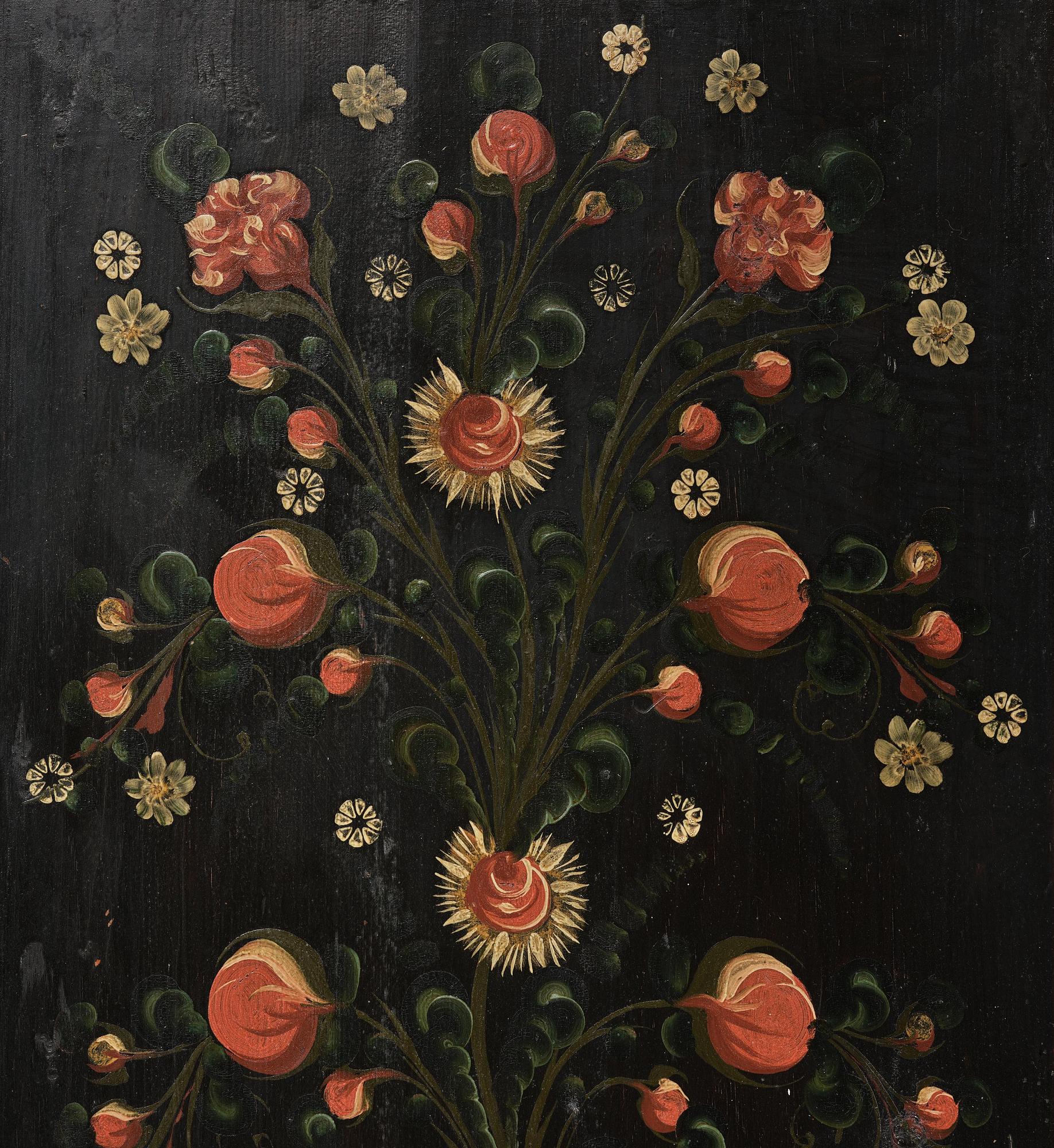 A Swedish polychrome painted folk art corner cabinet, dated 1818.