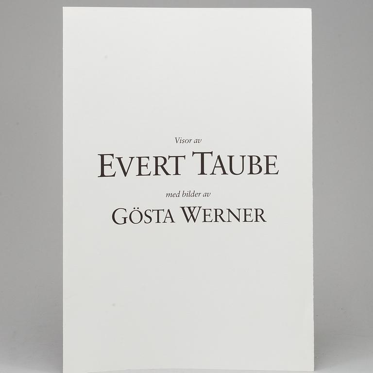 GÖSTA WERNER, 1 KASSETT, "Visor av Evert Taube med bilder av Gösta Werner", ca 61 litografier, signerade.