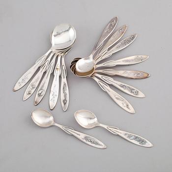 KAFFE- OCH MOCKASKEDAR, 14 st, silver, Alton, 1900-talets andra hälft. Total vikt ca 186 g.